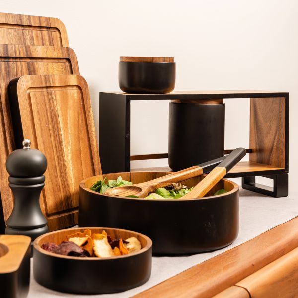 Eclipse Storage Rack In Black & Acacia (jars not included)