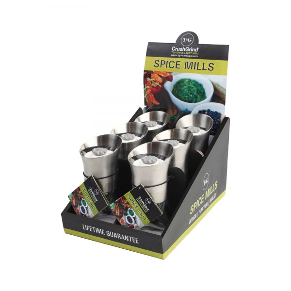 POS Display Box Containing 6 Spice Mills Stainless Steel Plus Additional 6