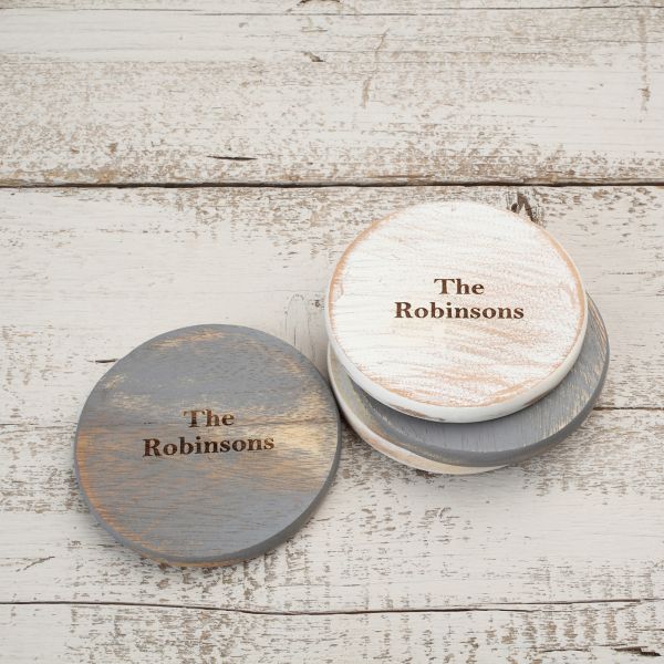 Personalised Set Of 4 Wooden Coasters Grey & White Assorted
