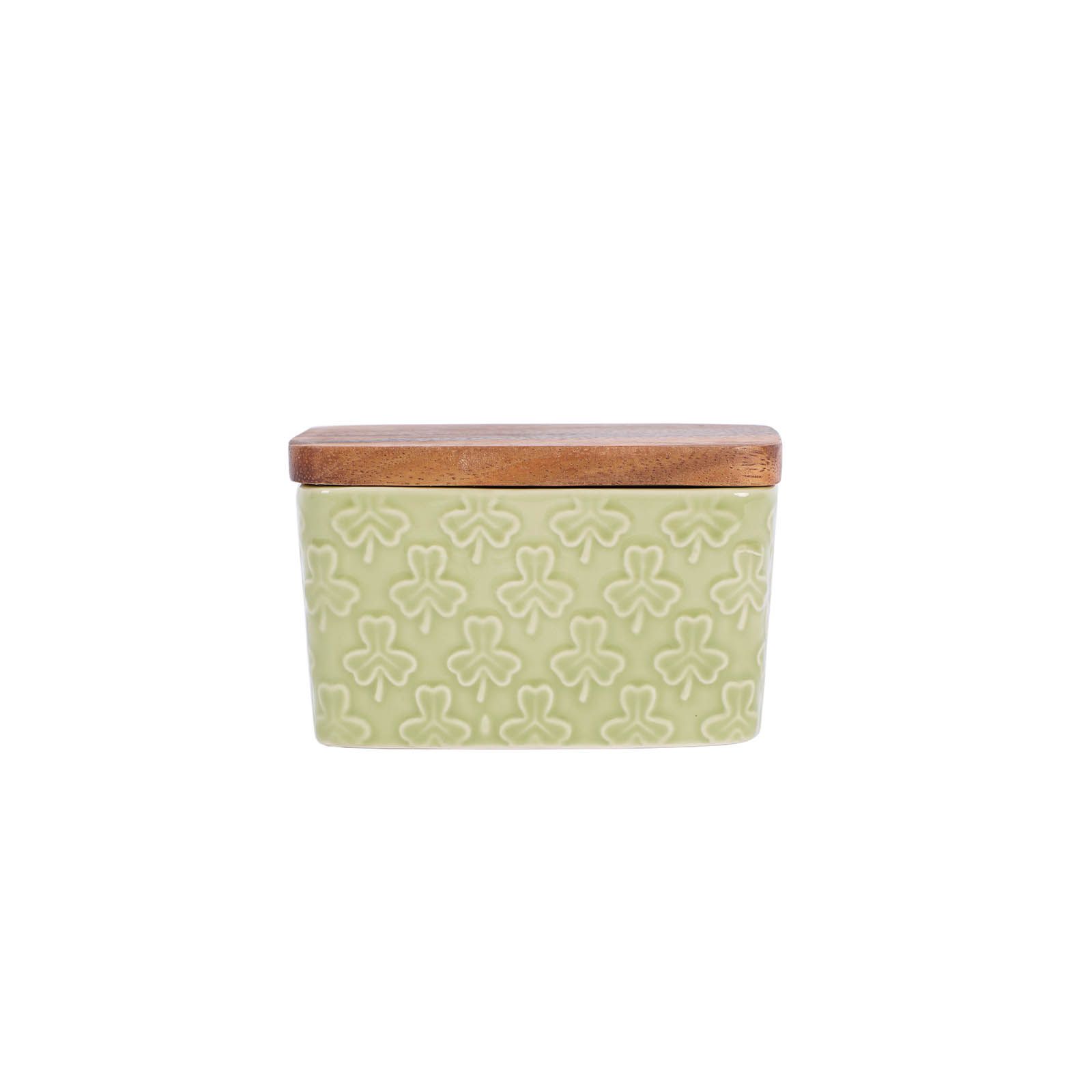 Green House Clover Leaf Butter Dish With Rustic Acacia Lid
