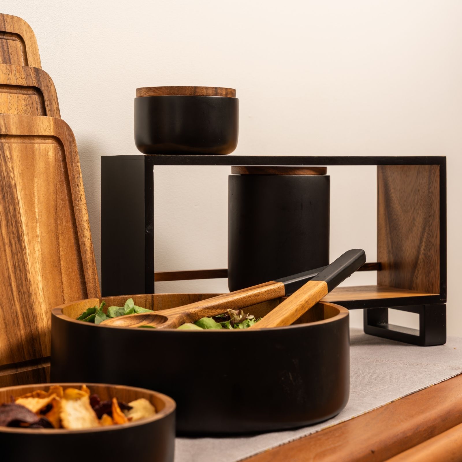 Eclipse Storage Rack In Black & Acacia (jars not included)